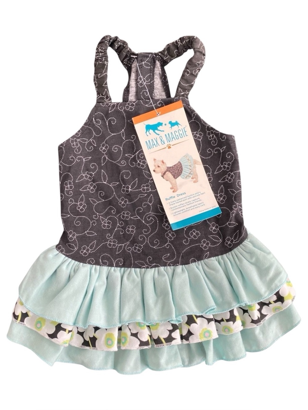 Max & Maggie Floral Ruffle Dog Dress Black/Blue Size S
